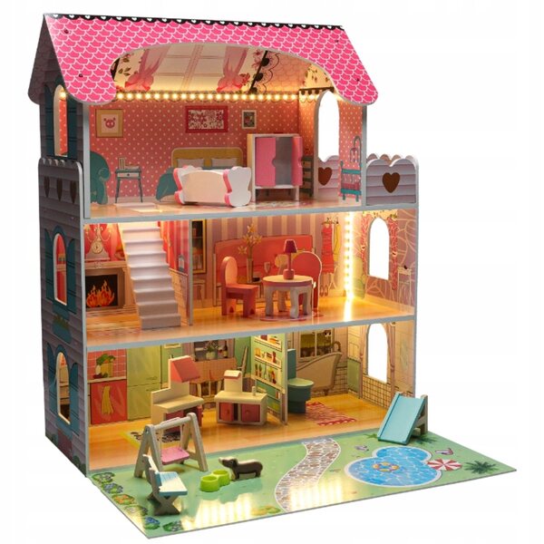 Casa delle bambole XXL in legno con illuminazione a LED e mobili - 3 bambole