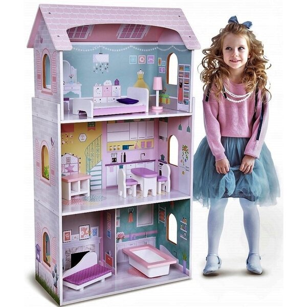 Ecotoys großes Puppenhaus aus Holz mit Möbeln – 3 Etagen, 4 Zimmer
