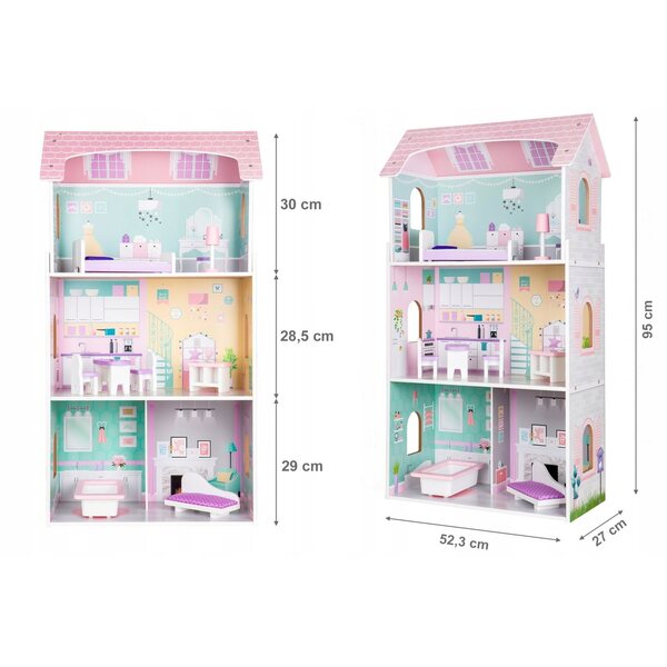 Ecotoys großes Puppenhaus aus Holz mit Möbeln – 3 Etagen, 4 Zimmer