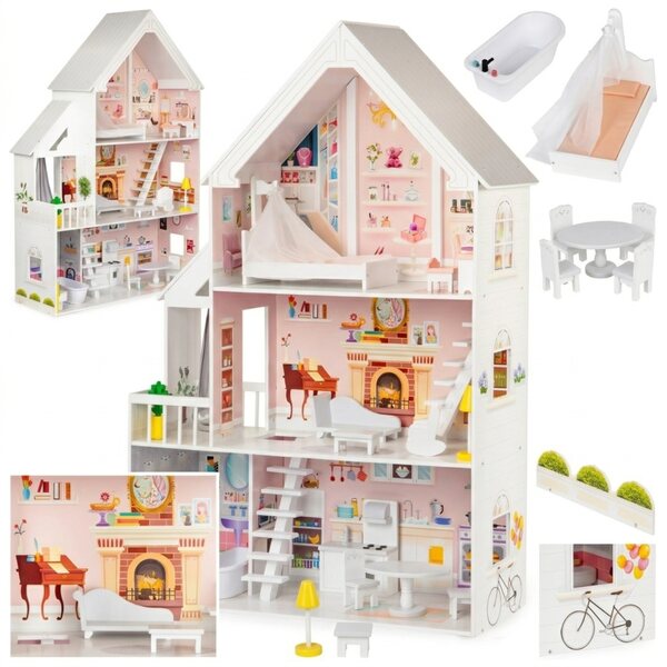 3-stöckiges Puppenhaus aus Holz mit Möbeln, großes XXL-Wohnhaus in Puderfarbe