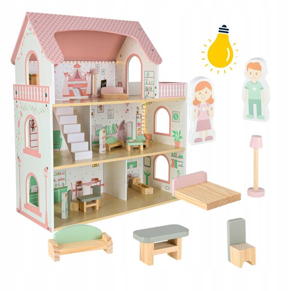 Ein hölzernes Puppenhaus mit Möbeln und LED-Beleuchtung, perfekt für kleine Mädchen