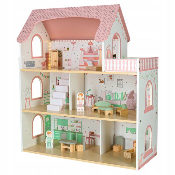 Ein hölzernes Puppenhaus mit Möbeln und LED-Beleuchtung, perfekt für kleine Mädchen