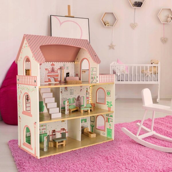 Ein hölzernes Puppenhaus mit Möbeln und LED-Beleuchtung, perfekt für kleine Mädchen