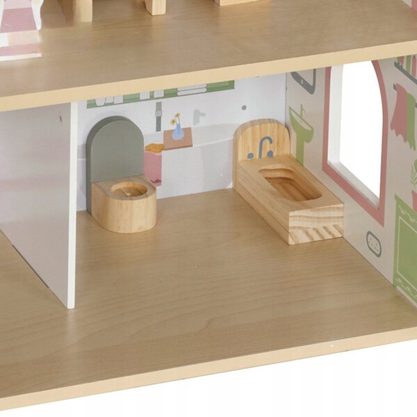 Ein hölzernes Puppenhaus mit Möbeln und LED-Beleuchtung, perfekt für kleine Mädchen