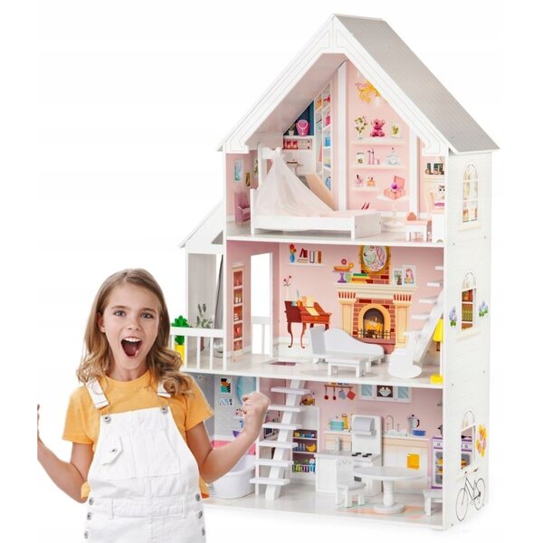Ecotoys XXL 126 cm Puppenhaus mit Holzmöbeln und drei Ebenen