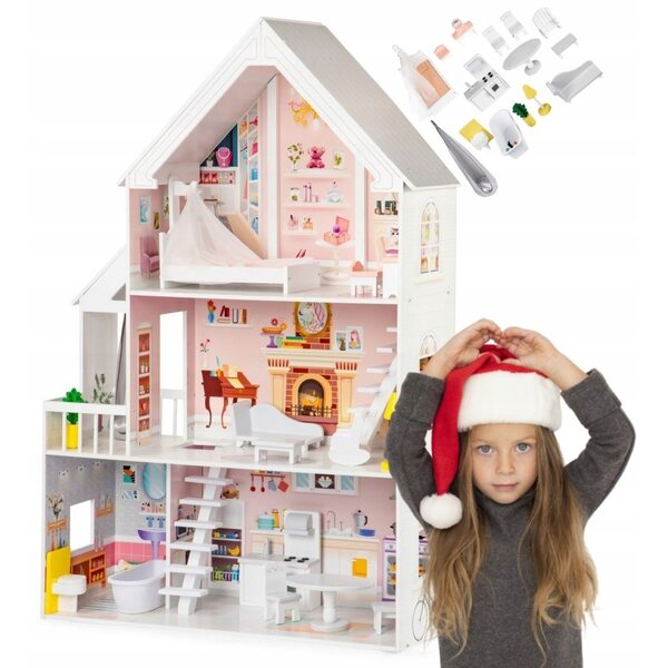 Ecotoys XXL 126 cm Puppenhaus mit Holzmöbeln und drei Ebenen