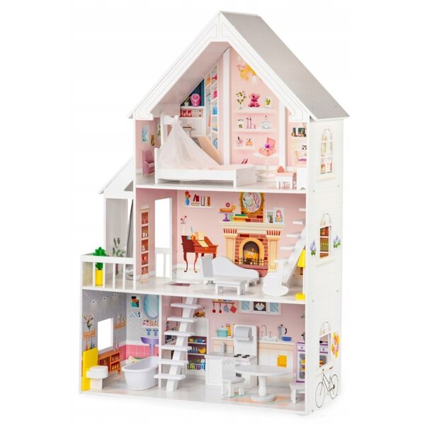 Ecotoys XXL 126 cm Puppenhaus mit Holzmöbeln und drei Ebenen