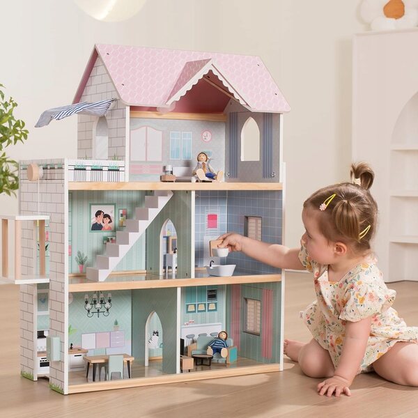 Dollhouse in legno con ascensore, luci e campanello - casa delle bambole rosa