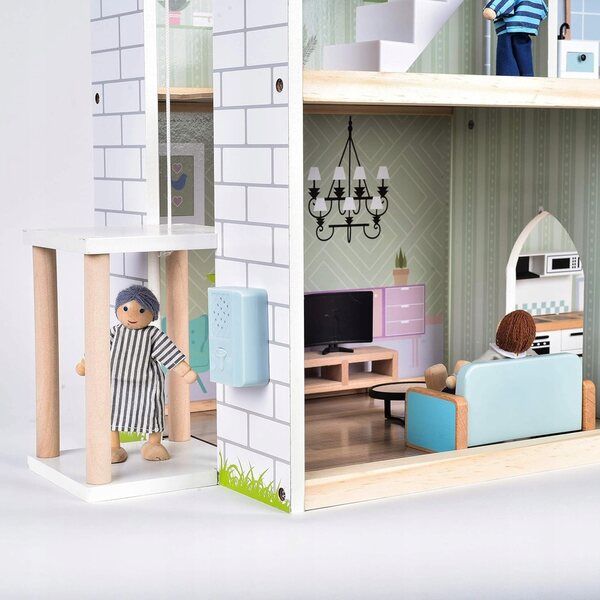 Dollhouse in legno con ascensore, luci e campanello - casa delle bambole rosa