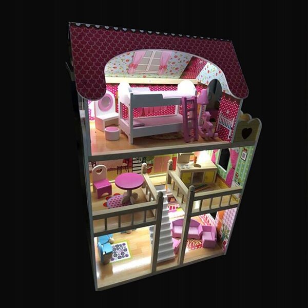 Casa delle bambole in legno Artik 90 cm con mobili e illuminazione a LED