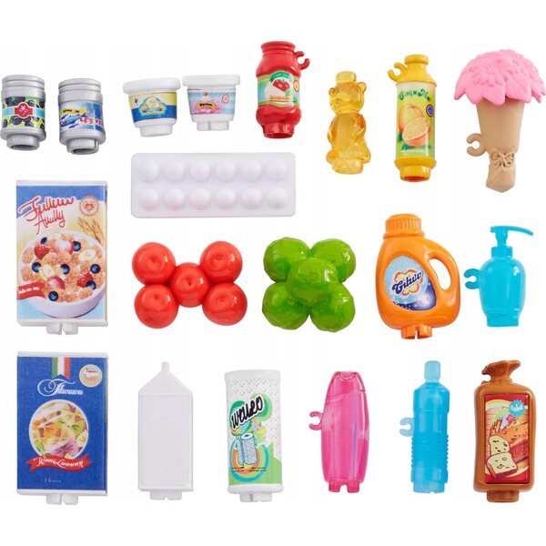 Ein Lebensmittelladen mit einer Puppe, einem laufenden Förderband und einem Kinderspielwagen
