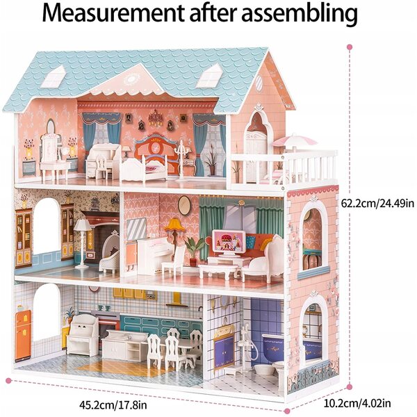 Casa delle bambole Robud 62 cm in legno con 28 mobili e accessori realistici