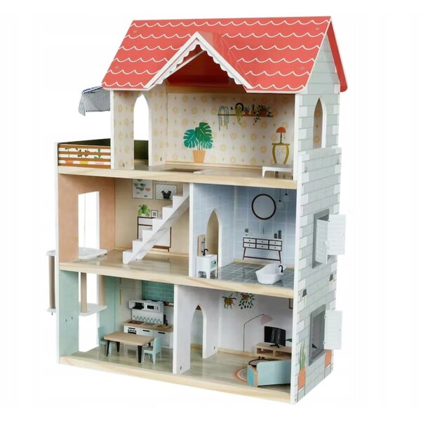 80 cm großes Puppenhaus aus Holz mit 3 Etagen und 5 Zimmern für Kinder ab 3 Jahren