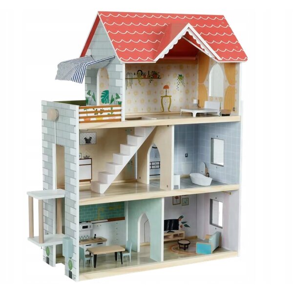80 cm großes Puppenhaus aus Holz mit 3 Etagen und 5 Zimmern für Kinder ab 3 Jahren