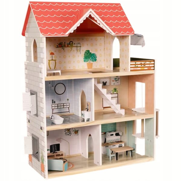 80 cm großes Puppenhaus aus Holz mit 3 Etagen und 5 Zimmern für Kinder ab 3 Jahren