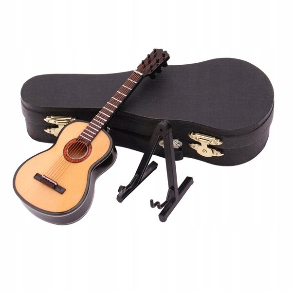 1:12 Mini-Holzgitarre mit Ständer und Koffer für Puppen und Dekorationen