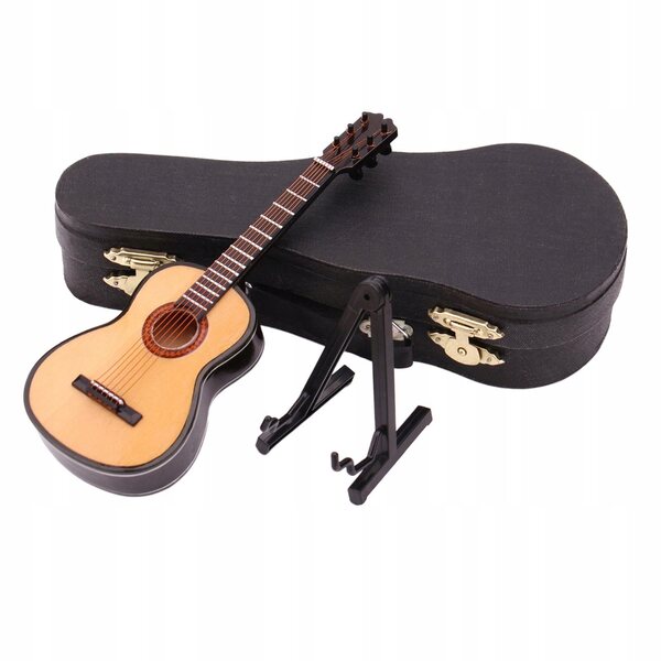 1:12 Mini-Holzgitarre mit Ständer und Koffer für Puppen und Dekorationen