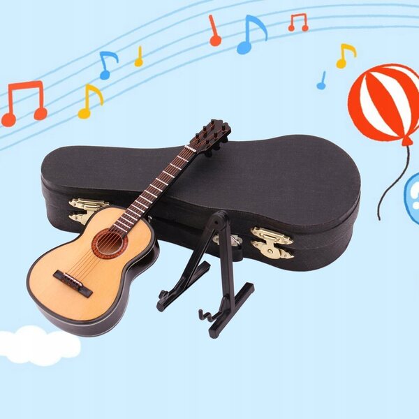 1:12 Mini-Holzgitarre mit Ständer und Koffer für Puppen und Dekorationen