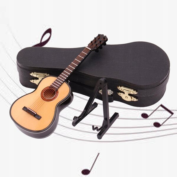 1:12 Mini-Holzgitarre mit Ständer und Koffer für Puppen und Dekorationen