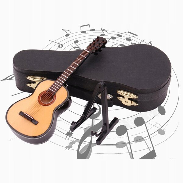 1:12 Mini-Holzgitarre mit Ständer und Koffer für Puppen und Dekorationen