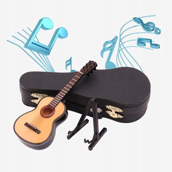 1:12 Mini-Holzgitarre mit Ständer und Koffer für Puppen und Dekorationen