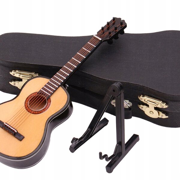 1:12 Mini-Holzgitarre mit Ständer und Koffer für Puppen und Dekorationen