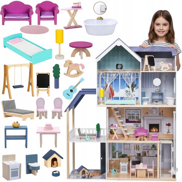 Grande casa delle bambole in legno, 4 livelli, con mobili e ascensore mobile da 138 cm