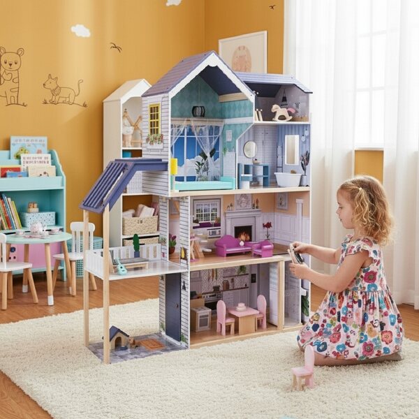 Grande casa delle bambole in legno, 4 livelli, con mobili e ascensore mobile da 138 cm