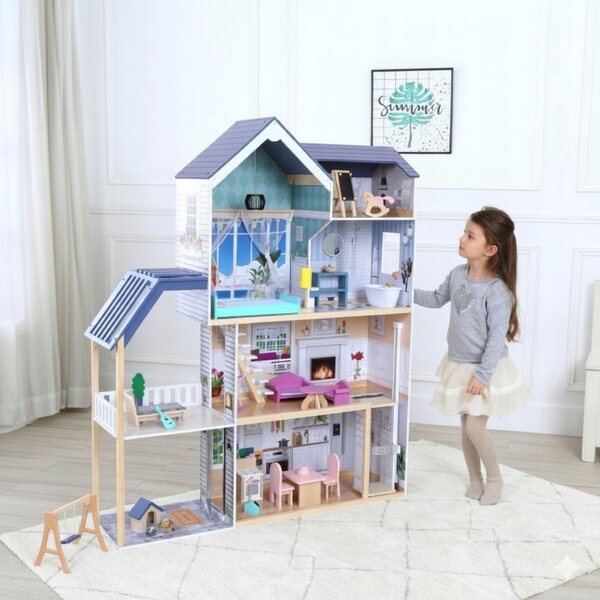 Grande casa delle bambole in legno, 4 livelli, con mobili e ascensore mobile da 138 cm