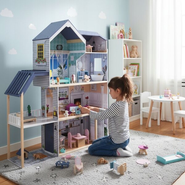 Grande casa delle bambole in legno, 4 livelli, con mobili e ascensore mobile da 138 cm