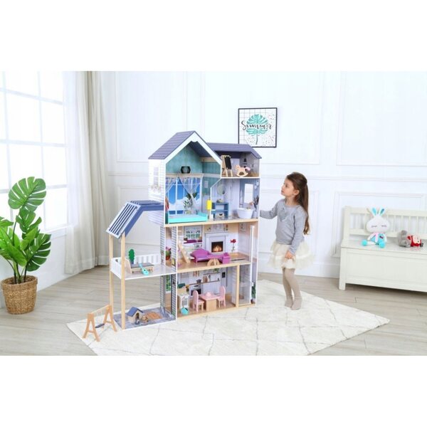 Grande casa delle bambole in legno, 4 livelli, con mobili e ascensore mobile da 138 cm