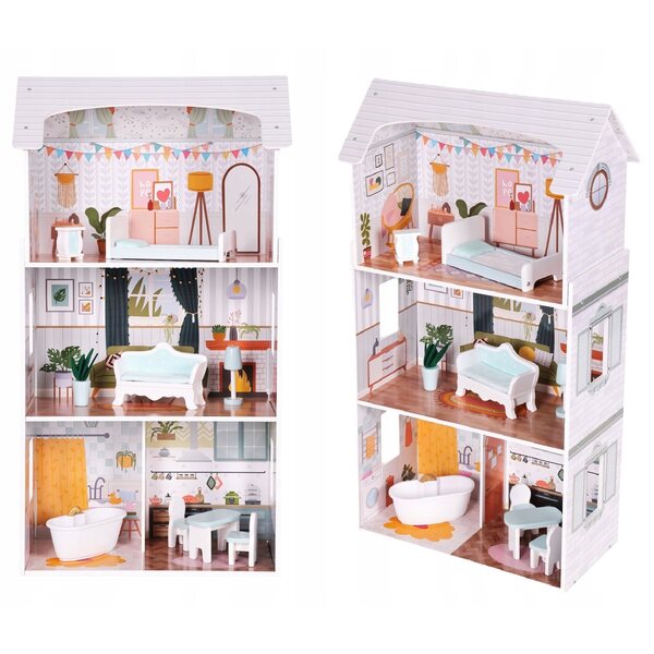 Grande Casa di Legno per Bambole con 9 Mobili e 4 Stanze, Gioco Creativo per Bambini