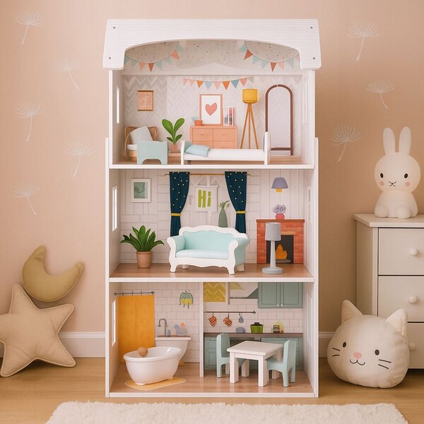 Grande Casa di Legno per Bambole con 9 Mobili e 4 Stanze, Gioco Creativo per Bambini