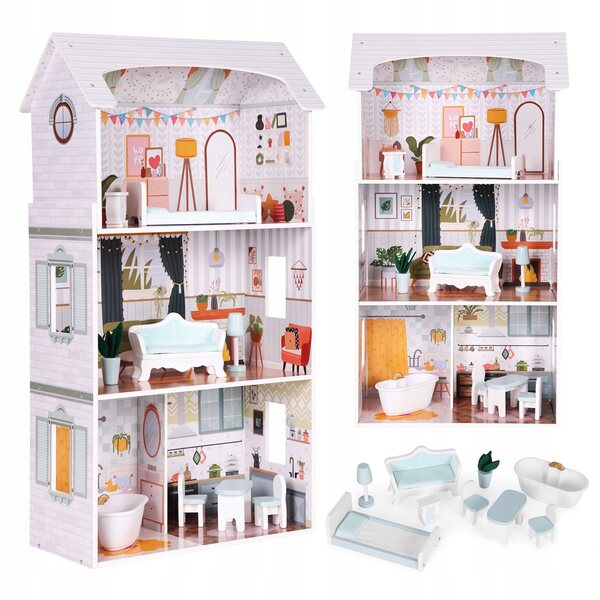 Grande Casa di Legno per Bambole con 9 Mobili e 4 Stanze, Gioco Creativo per Bambini