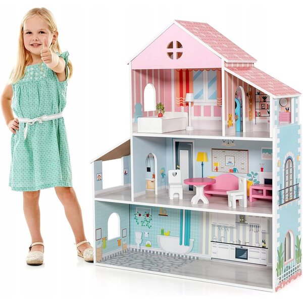 Casa delle bambole in legno con mobili e accessori, 71x23.5x87 cm, gioco creativo per bambini