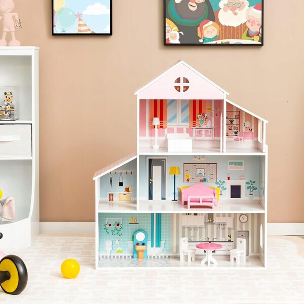 Casa delle bambole in legno con mobili e accessori, 71x23.5x87 cm, gioco creativo per bambini