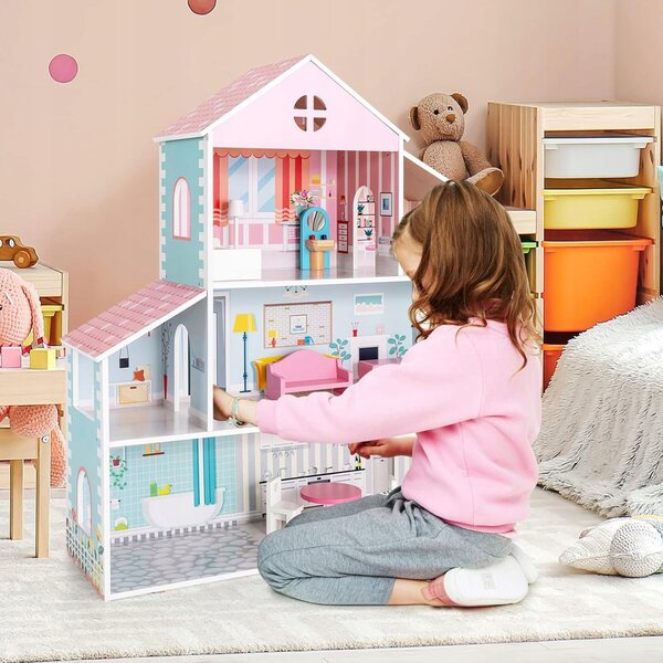 Casa delle bambole in legno con mobili e accessori, 71x23.5x87 cm, gioco creativo per bambini