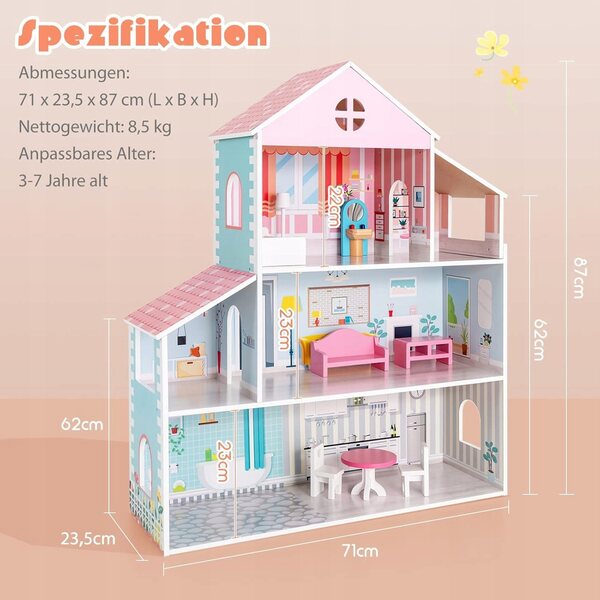 Casa delle bambole in legno con mobili e accessori, 71x23.5x87 cm, gioco creativo per bambini