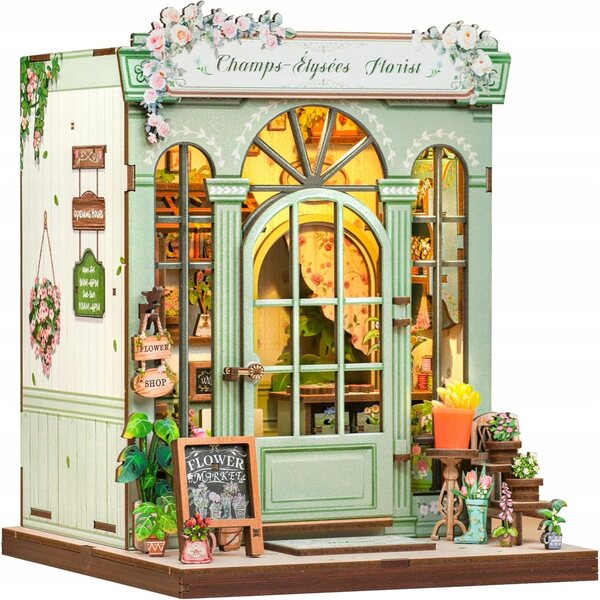 Cottage per Bambole Miniatura Florist con Illuminazione LED e Montaggio DIY