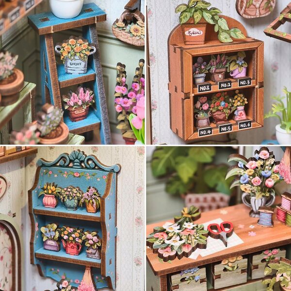 Cottage per Bambole Miniatura Florist con Illuminazione LED e Montaggio DIY