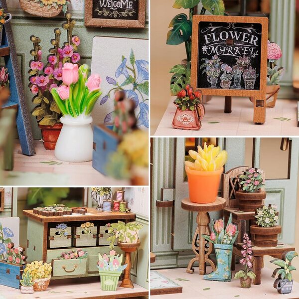 Cottage per Bambole Miniatura Florist con Illuminazione LED e Montaggio DIY
