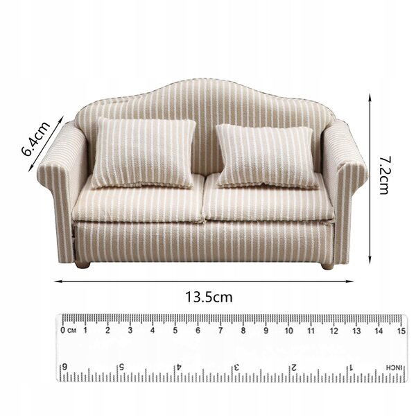 Mini sofa in legno per casa delle bambole scala 1:12, set 2 pezzi con cuscino