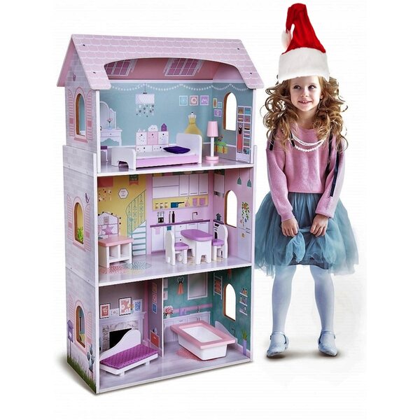 Ecotoys Puppenhaus aus Holz, 96 cm – elegant, sicher und geräumig für Kinder ab 3 Jahren