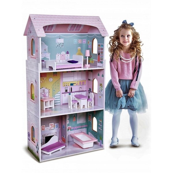 Ecotoys Puppenhaus aus Holz, 96 cm – elegant, sicher und geräumig für Kinder ab 3 Jahren