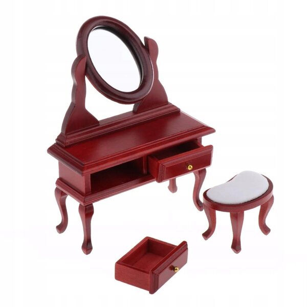 1:12 Miniatur-Schminktisch-Set mit Spiegel und rotem Holzstuhl für Puppenhaus