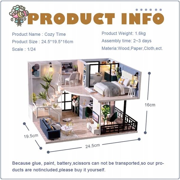 DIY Puppenhaus-Miniatur mit Möbeln, LED-Licht und Spieluhr für Kinder ab 14 Jahren