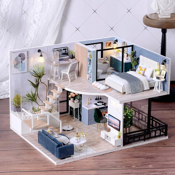 DIY Puppenhaus-Miniatur mit Möbeln, LED-Licht und Spieluhr für Kinder ab 14 Jahren