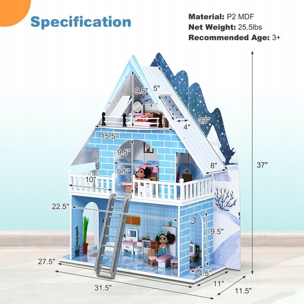 Puppenhaus aus Holz, 3 Etagen, 80x29x94cm, sicher für Kinder