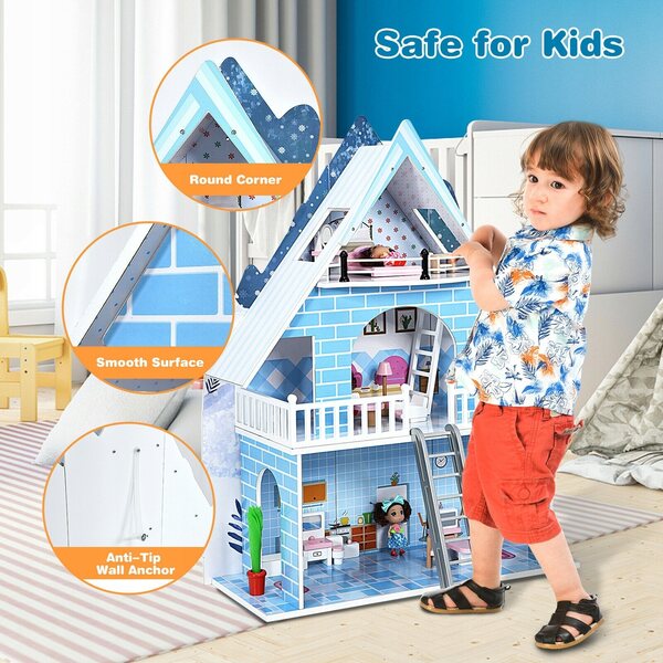 Puppenhaus aus Holz, 3 Etagen, 80x29x94cm, sicher für Kinder