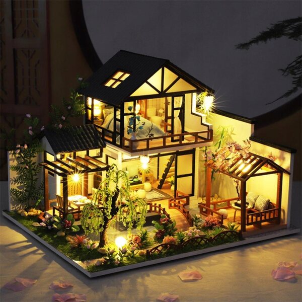 1:24 Puppenhaus aus Holz mit Möbeln und LED-Beleuchtung, Bausatz